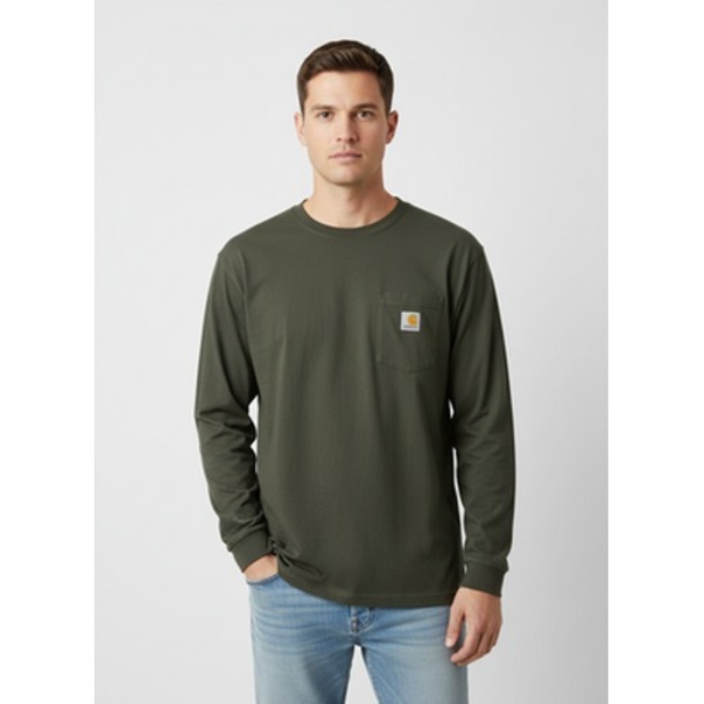 Carhartt T-Shirt Men XL Green Long Sleeve Crew‎ Neck Pocket 100 Cotton